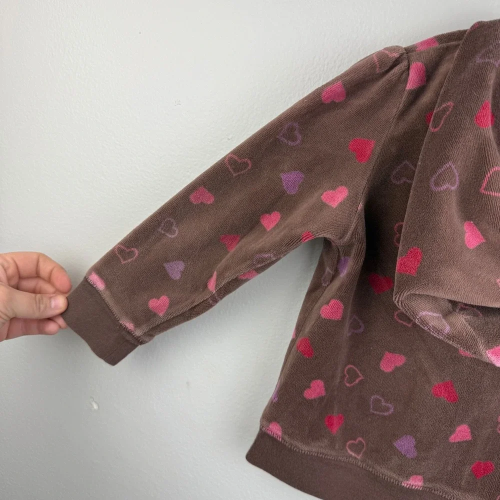 OshKosh 3T‎ Brown Velour Heart Hoodie Zip Up Y2K Toddler Jacket Girls